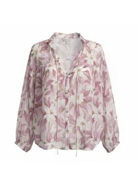 Color Block Floral Blouse Medium | Pink White Tencel Tie Neck Button Front